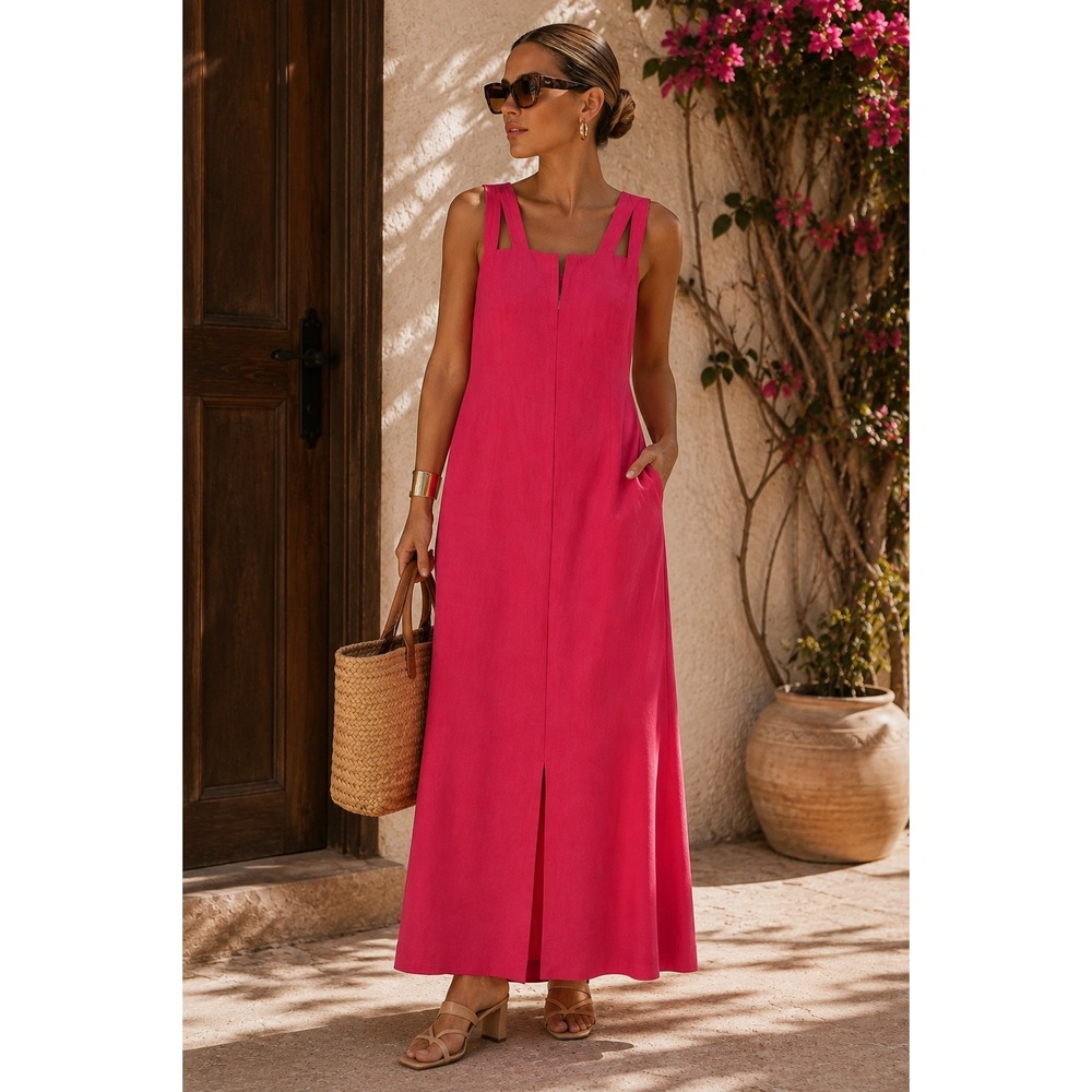 Expressions Pink Linen Blend Sleeveless Maxi Dress Front Slit Summer Size 14